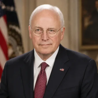 Dick Cheney official portrait in a formal suit with an American flag and White House-style background