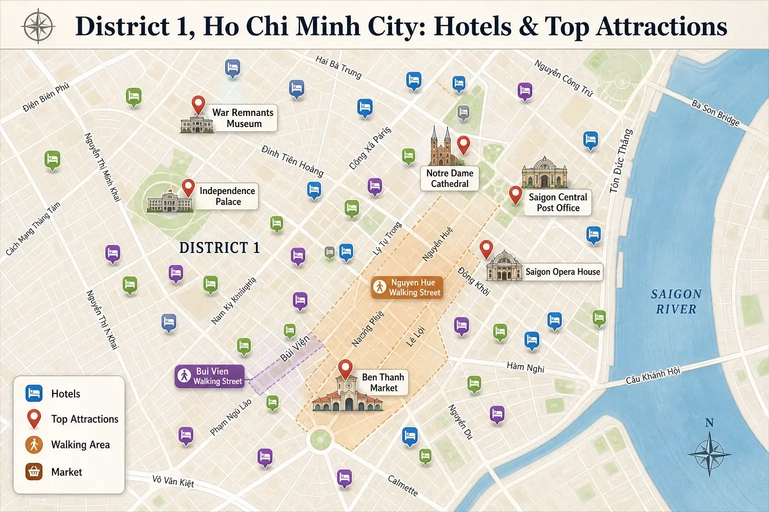 Map of District 1 Ho Chi Minh City showing hotels, Ben Thanh Market, Nguyen Hue Street, and top tourist attractions