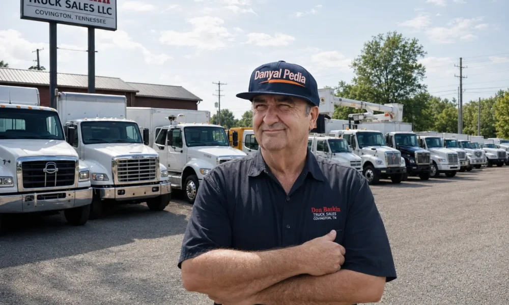 Don Baskin standing at Don Baskin Truck Sales LLC in Covington, Tennessee with rows of commercial trucks.