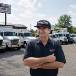 Don Baskin standing at Don Baskin Truck Sales LLC in Covington, Tennessee with rows of commercial trucks.