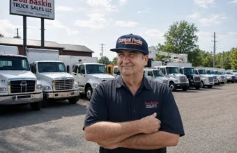 Don Baskin standing at Don Baskin Truck Sales LLC in Covington, Tennessee with rows of commercial trucks.