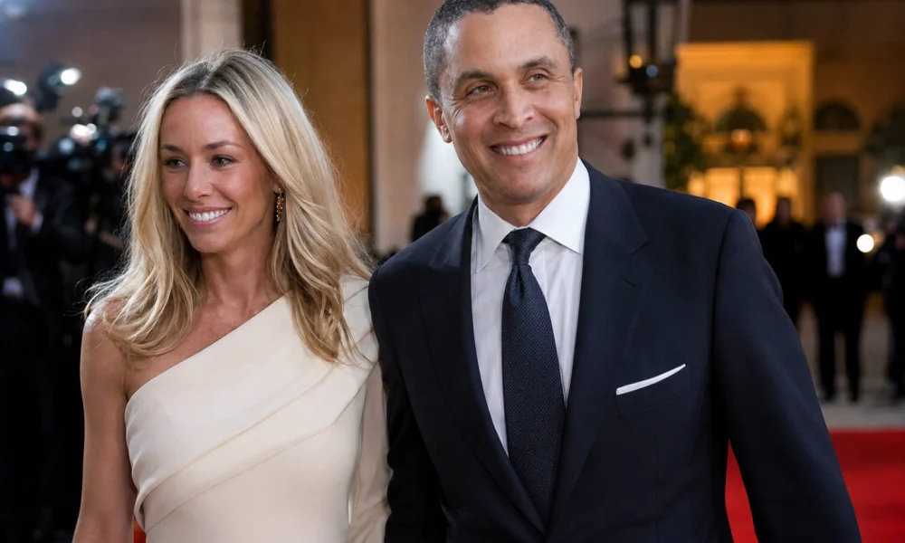 Emily Threlkeld and Harold Ford Jr. smiling together at a formal public event