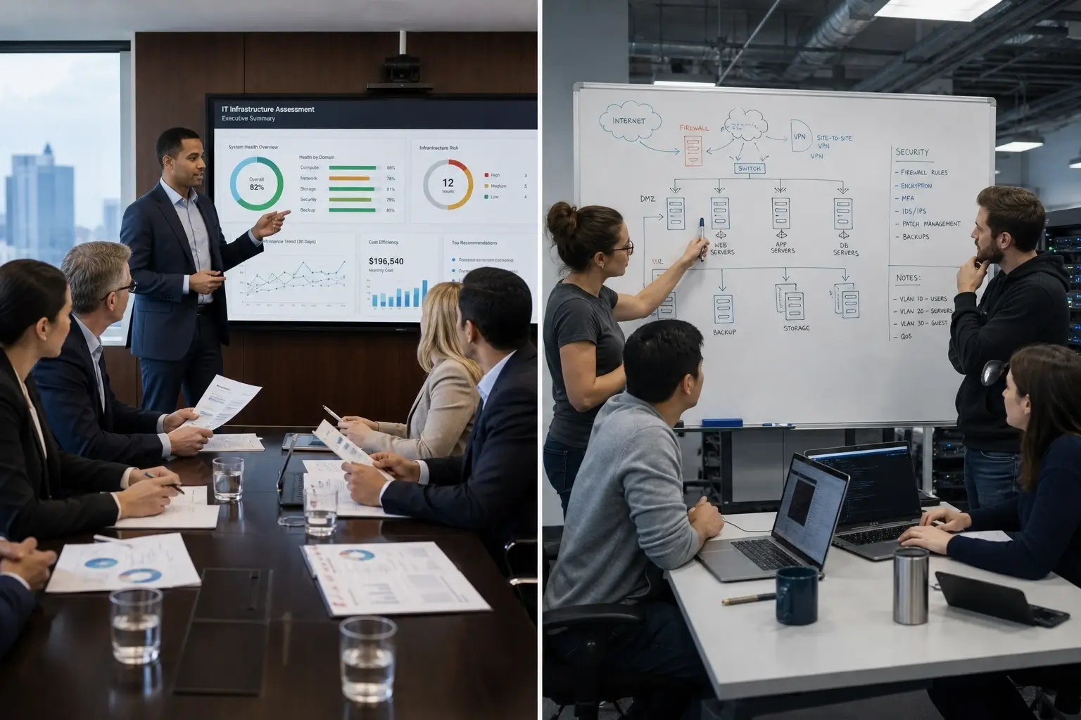 External IT assessor presents infrastructure assessment dashboard while internal IT team maps network topology on whiteboard.