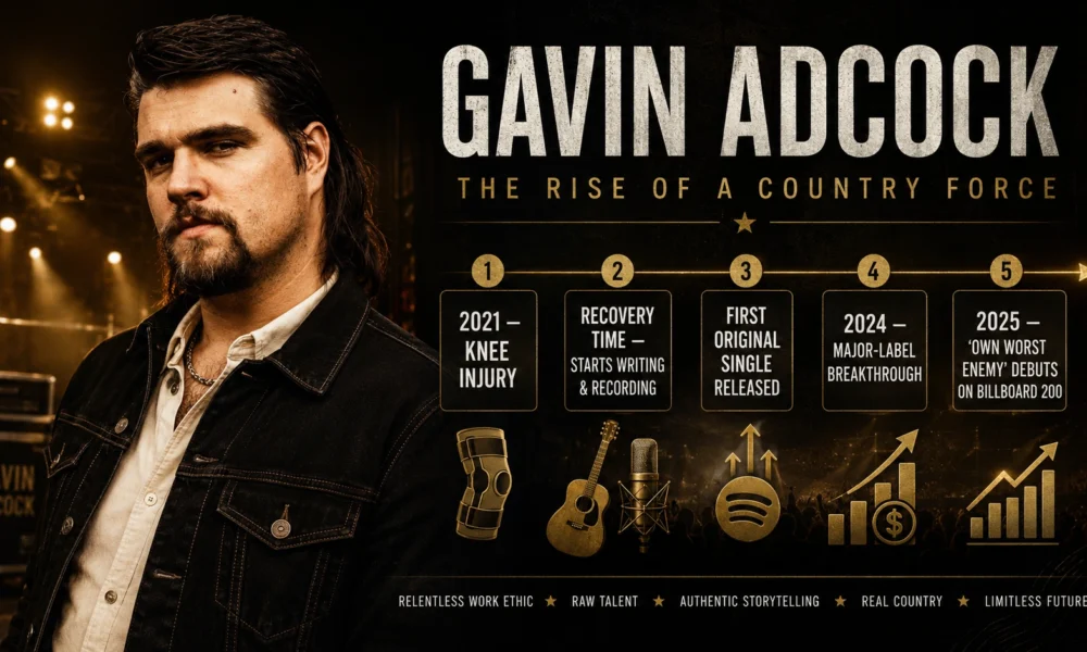Gavin Adcock country music career timeline graphic showing his rise from knee injury to Billboard 200 debut.