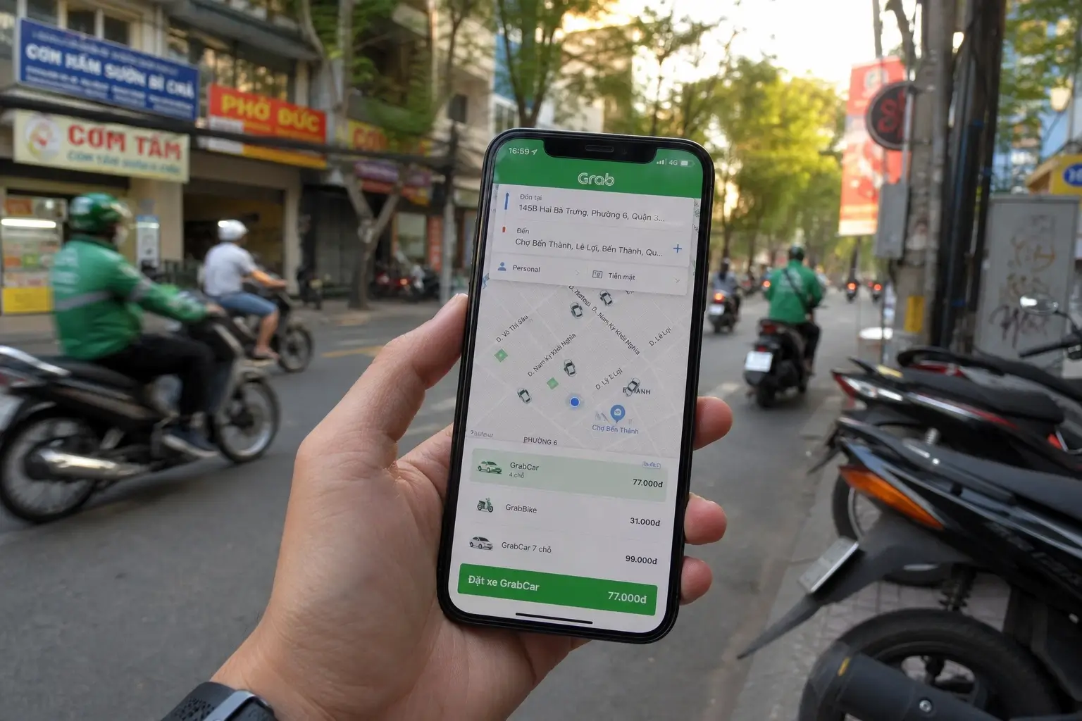 Grab app open on smartphone for ride booking on a busy Vietnam street