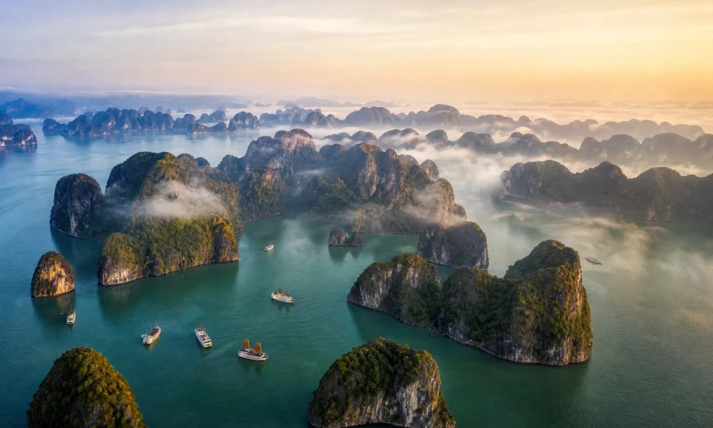Aerial view of Ha Long Bay limestone karsts rising from emerald water at golden hour with mist and cruise boats in northern Vietnam