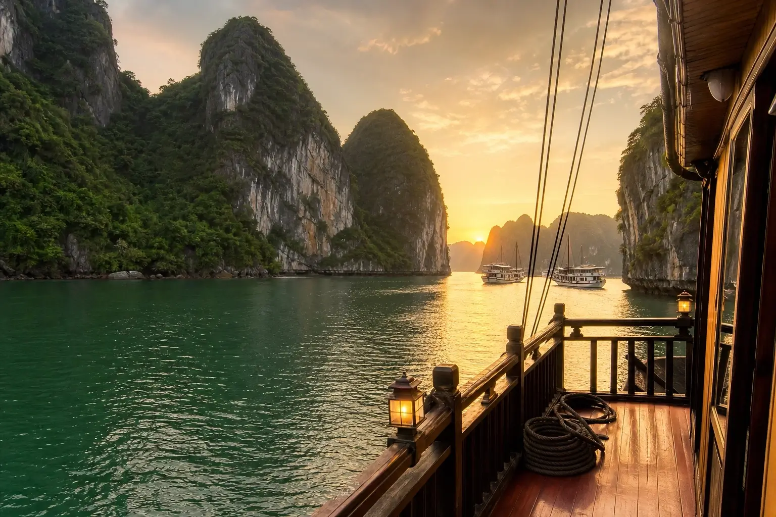 Sunset view of Ha Long Bay limestone karsts from the wooden deck of a traditional junk boat in Vietnam