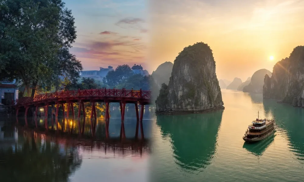 Hoan Kiem Lake red bridge and Ha Long Bay limestone karsts at sunrise in northern Vietnam
