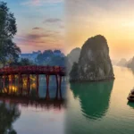 Hoan Kiem Lake red bridge and Ha Long Bay limestone karsts at sunrise in northern Vietnam