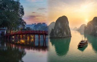 Hoan Kiem Lake red bridge and Ha Long Bay limestone karsts at sunrise in northern Vietnam