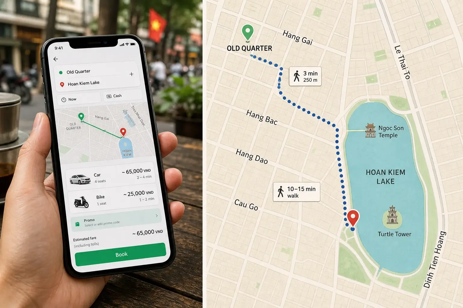 Grab booking screen and walking map from Hanoi Old Quarter to Hoan Kiem Lake.