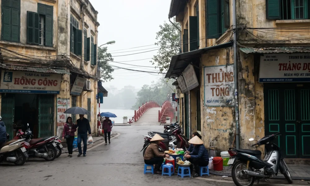 Hanoi Old Quarter street with food vendors near The Huc Bridge and Hoan Kiem Lake