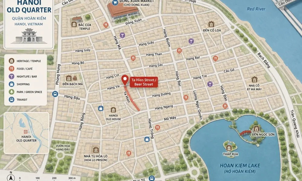 Map of Hanoi Old Quarter showing Ta Hien Street, Hoan Kiem Lake, Dong Xuan Market, and nearby landmarks.