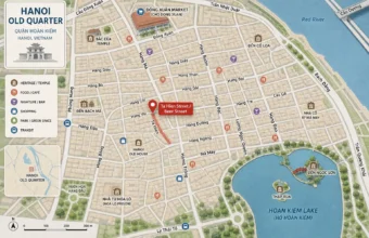 Map of Hanoi Old Quarter showing Ta Hien Street, Hoan Kiem Lake, Dong Xuan Market, and nearby landmarks.