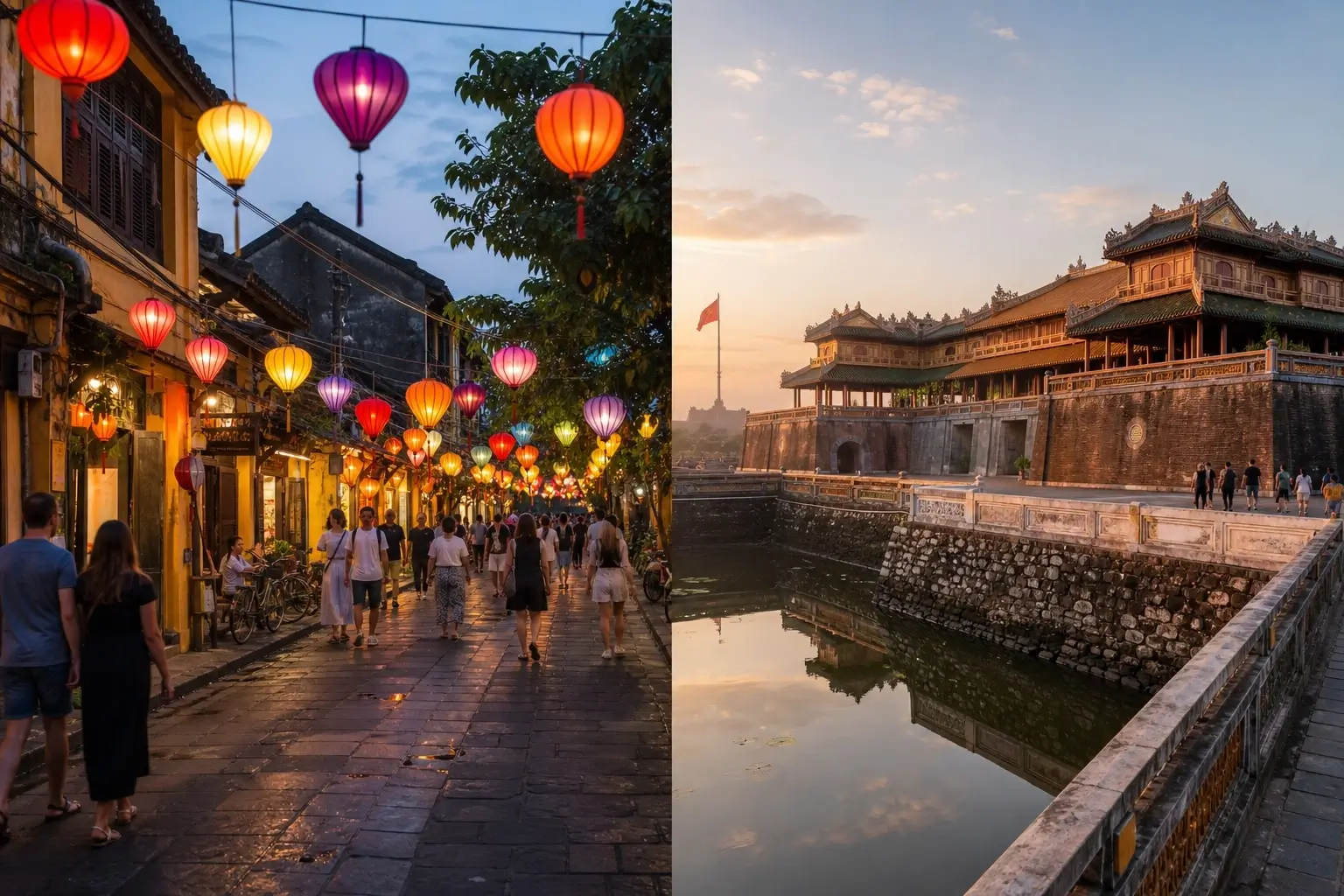 Hoi An lantern-lit street and Hue Imperial City at sunrise in central Vietnam.