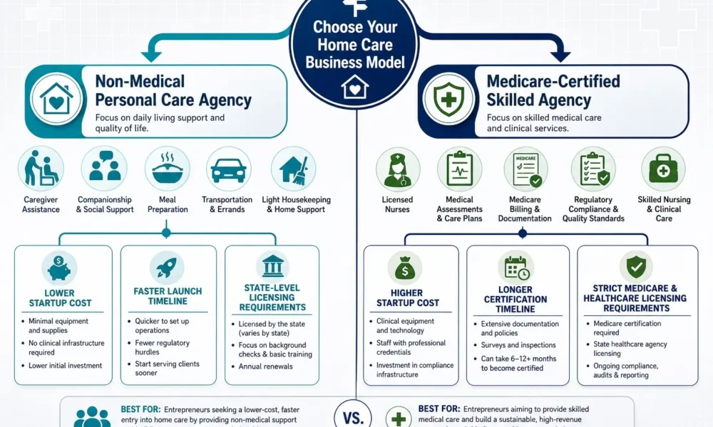 Home care business model comparison infographic showing non-medical personal care agency vs Medicare-certified skilled agency costs, timelines, services, and licensing requirements.