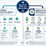 Home care business model comparison infographic showing non-medical personal care agency vs Medicare-certified skilled agency costs, timelines, services, and licensing requirements.