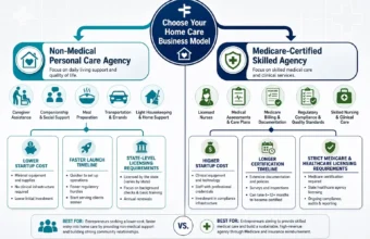 Home care business model comparison infographic showing non-medical personal care agency vs Medicare-certified skilled agency costs, timelines, services, and licensing requirements.