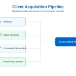 Client acquisition pipeline flowchart showing referrals, digital marketing, community partnerships, and private pay outreach feeding into an active client roster.
