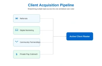 Client acquisition pipeline flowchart showing referrals, digital marketing, community partnerships, and private pay outreach feeding into an active client roster.