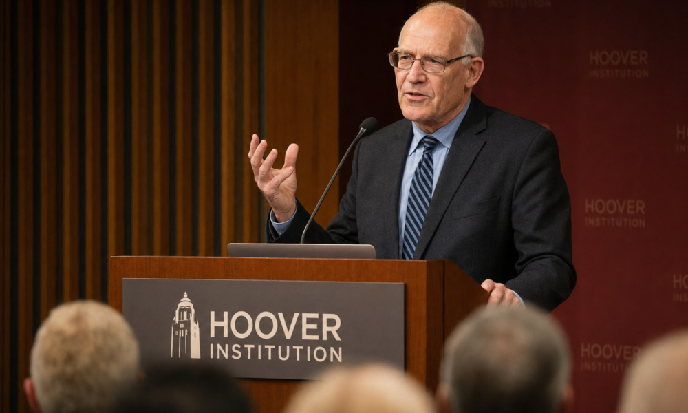 Speaker at a Hoover Institution-style podium during a public forum, used to illustrate Howard Lorber net worth estimates.