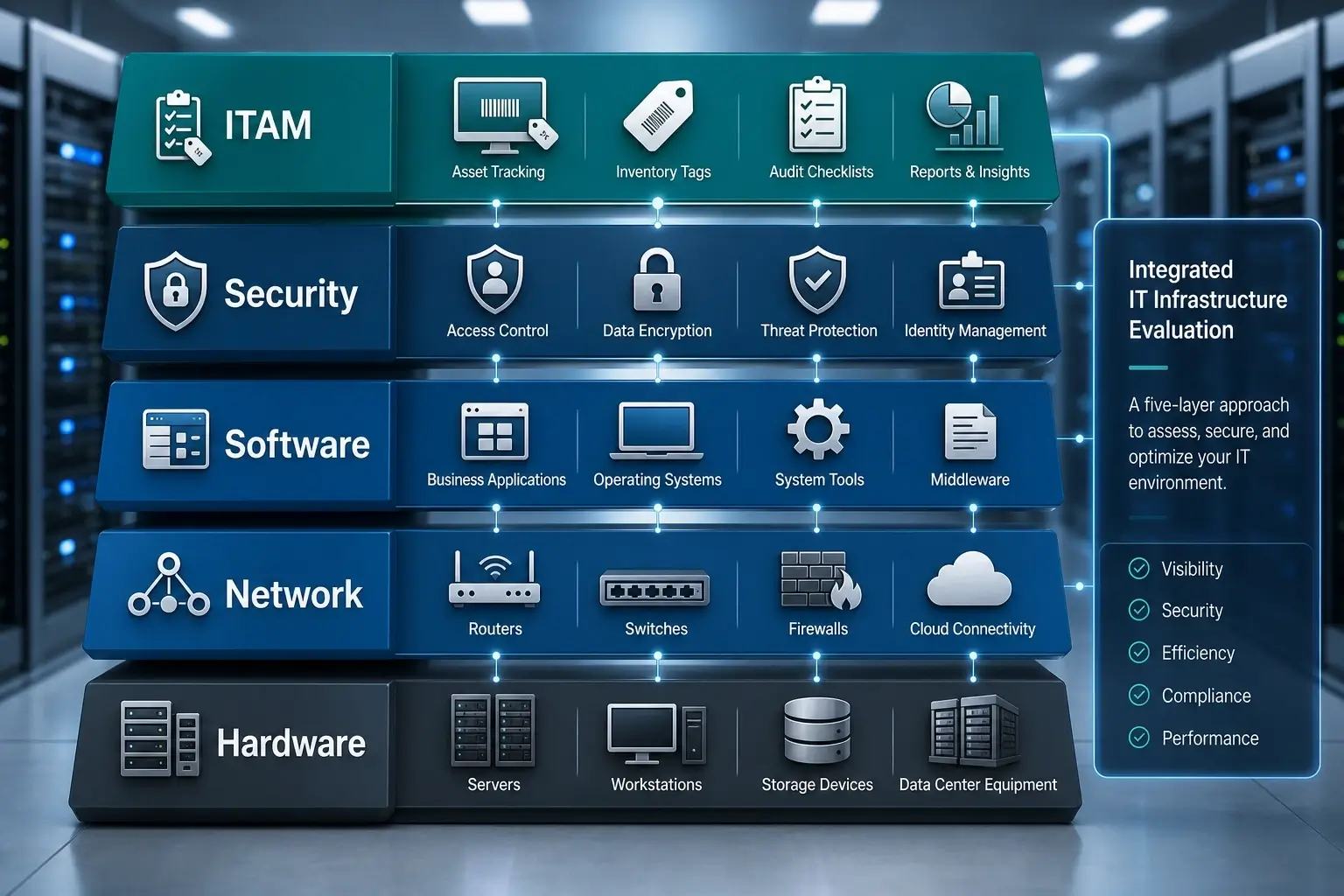 Five-layer IT infrastructure evaluation diagram showing hardware, network, software, security, and ITAM components in a data center environment.