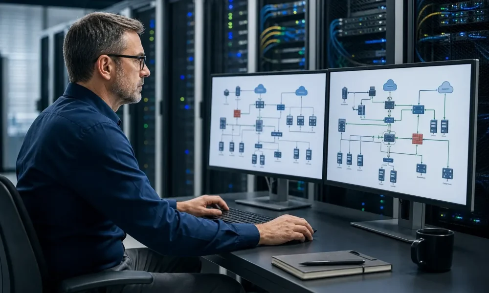 IT director reviewing network topology diagrams on dual monitors inside a server room