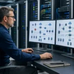 IT director reviewing network topology diagrams on dual monitors inside a server room