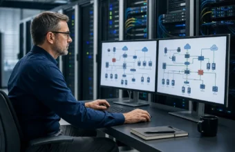 IT director reviewing network topology diagrams on dual monitors inside a server room