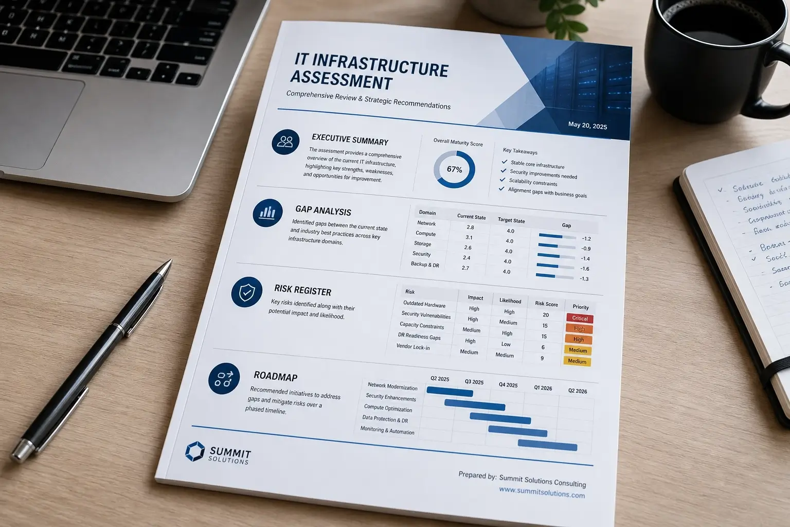 Printed IT infrastructure assessment report on a desk showing executive summary, gap analysis, risk register, and roadmap sections.
