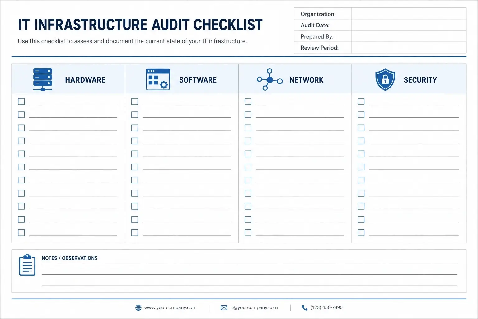 IT infrastructure audit checklist template with hardware, software, network, and security sections for documenting business IT systems.