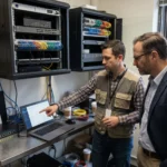 IT technician and business manager reviewing network infrastructure, server racks, cabling, and monitoring dashboard during an IT assessment.