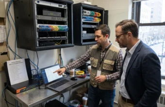 IT technician and business manager reviewing network infrastructure, server racks, cabling, and monitoring dashboard during an IT assessment.