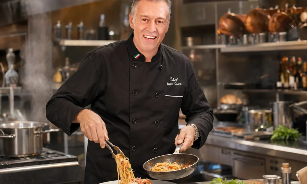 Italian chef in a black chef jacket cooking pasta in a professional restaurant kitchen