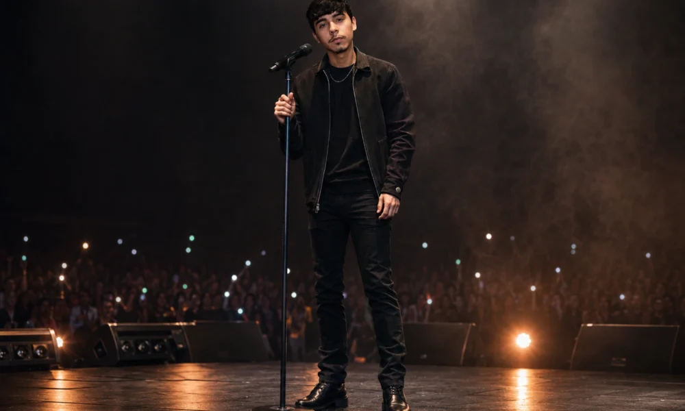 Ivan Cornejo performing live on stage beside a microphone stand with concert lights and audience in the background