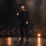 Ivan Cornejo performing live on stage beside a microphone stand with concert lights and audience in the background