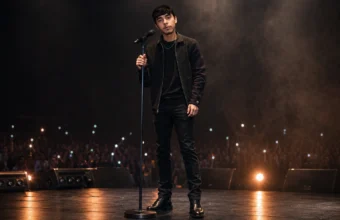 Ivan Cornejo performing live on stage beside a microphone stand with concert lights and audience in the background