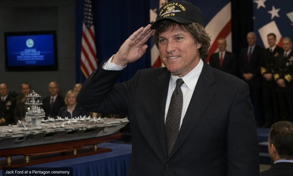 Jack Ford saluting at a Pentagon ceremony beside a USS Gerald R. Ford CVN-78 model.