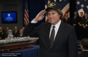 Jack Ford saluting at a Pentagon ceremony beside a USS Gerald R. Ford CVN-78 model.
