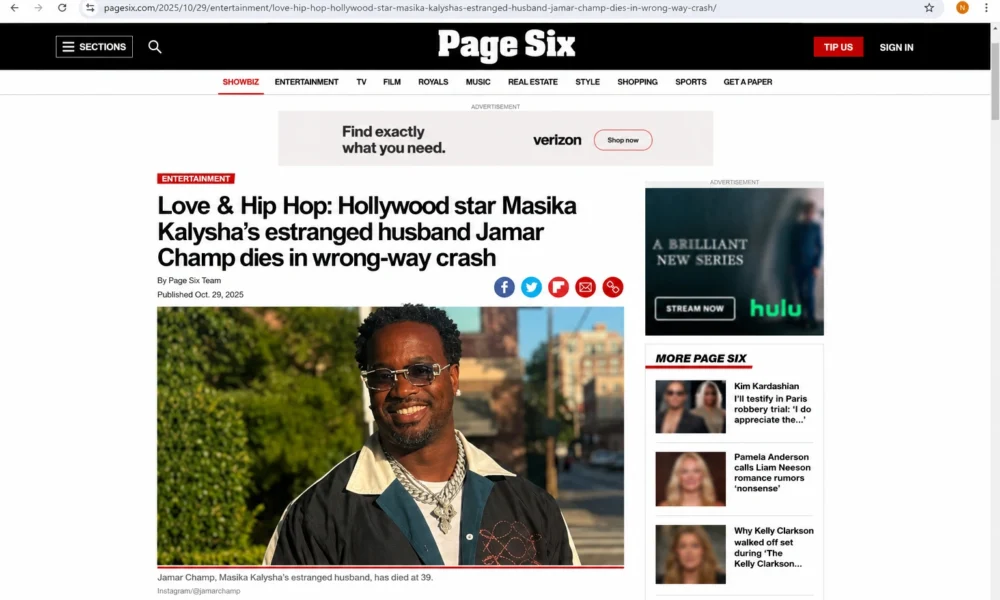 Page Six-style screenshot showing headline about Jamar Champ, Masika Kalysha’s estranged husband, and a wrong-way crash report.