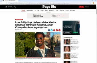 Page Six-style screenshot showing headline about Jamar Champ, Masika Kalysha’s estranged husband, and a wrong-way crash report.