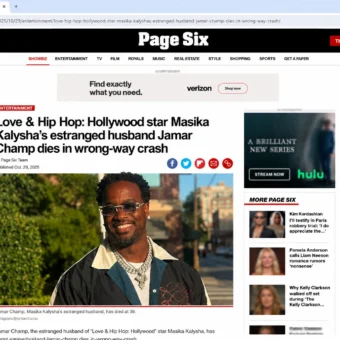 Page Six-style screenshot showing headline about Jamar Champ, Masika Kalysha’s estranged husband, and a wrong-way crash report.