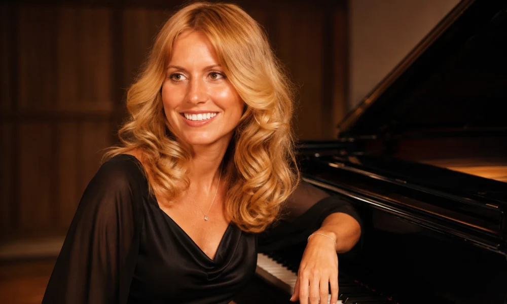 Karen McCollum seated beside a grand piano in a formal black outfit.