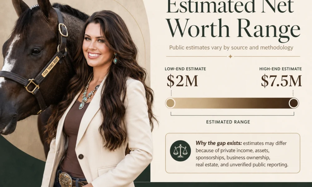 Katie Van Slyke net worth estimate range graphic showing $2M to $7.5M with an equestrian portrait