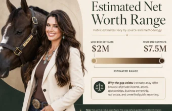 Katie Van Slyke net worth estimate range graphic showing $2M to $7.5M with an equestrian portrait