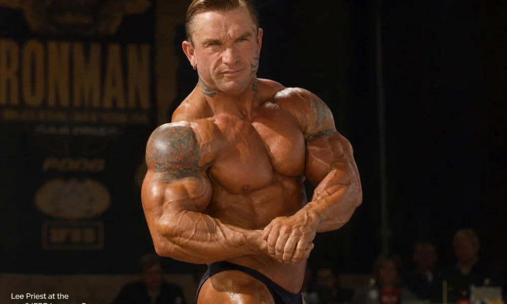 Lee Priest posing onstage at the 2006 IFBB Ironman Pro bodybuilding competition