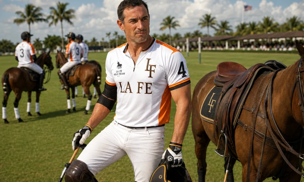 Louis Devaleix in La Fe polo jersey on a Wellington, Florida polo field beside a saddled horse