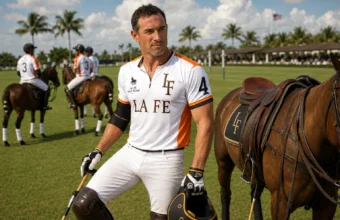 Louis Devaleix in La Fe polo jersey on a Wellington, Florida polo field beside a saddled horse