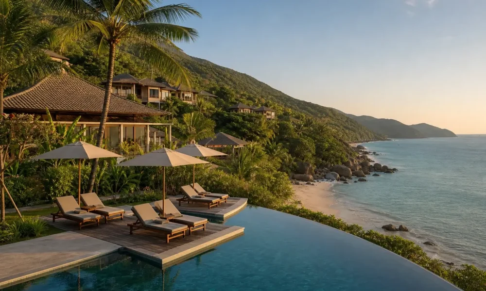 A luxury Vietnam beach resort with infinity pool, hillside villas, palm trees, and sweeping ocean views.
