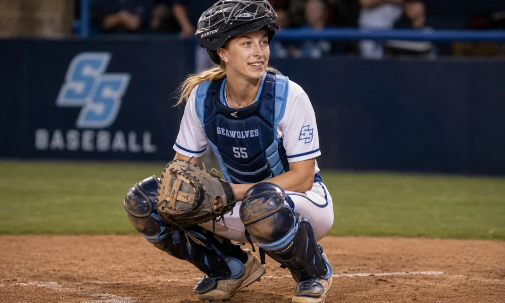 Marika Lyszczyk in Sonoma State Seawolves catcher gear crouching behind home plate
